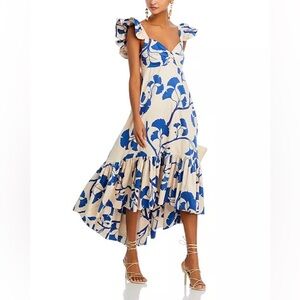 Andres Otalora Cap Sleeves Samaria Asymmetric Midi Dress in Blue NEW